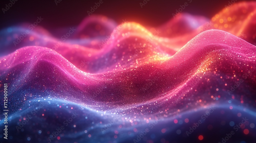 Vibrant, flowing neon wave in 3D with an iridescent sheen. Colorful, holographic backdrop for depth. Realistic HD quality.