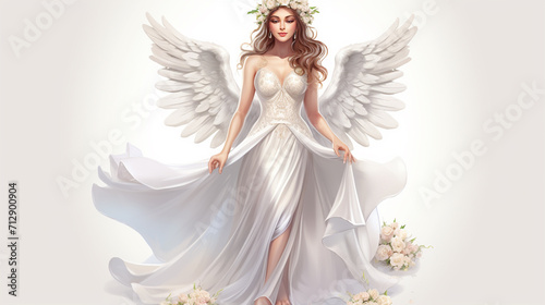 illustration of a very beautiful heavenly angel, very white skinned, dressed in a white wedding dress, wearing a flower crown, standing upright wearing glass shoes without a background, Generate AI