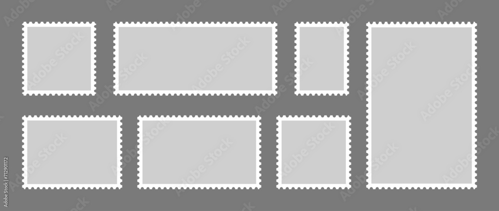 Set of postage stamps. Post stamp frame and border. Grey square and rectangular template for mail, postcard, letter. Jagged wavy edge forms. Vintage objects for poster, banner, badge, sticker. Vector - obrazy, fototapety, plakaty 