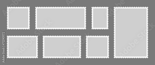 Set of postage stamps. Post stamp frame and border. Grey square and rectangular template for mail, postcard, letter. Jagged wavy edge forms. Vintage objects for poster, banner, badge, sticker. Vector