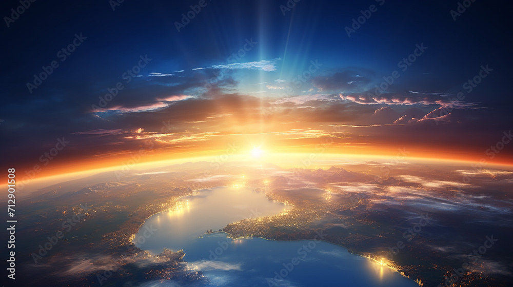 sunrise over the planet earth concept with a bright sun and flare and city lights panoramic