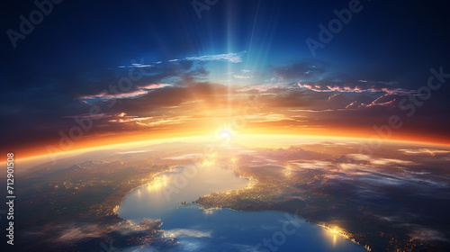 sunrise over the planet earth concept with a bright sun and flare and city lights panoramic