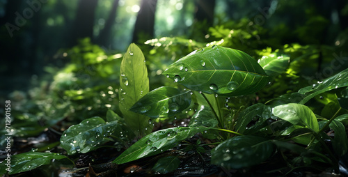 Water drops on green leaves after rain in the forest. Nature background,green leaves in the forest with morning sunlight, nature background concept.