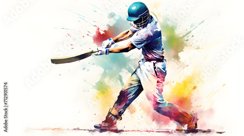 water color painting of a cricket batsman hitting ball photo