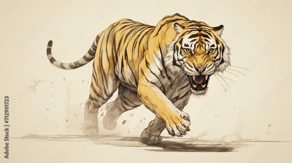 illustration of a yellow tiger running with no color background, Generate AI