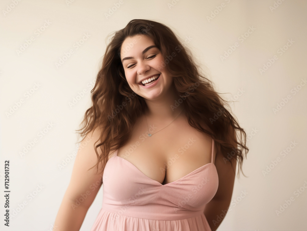 Exuberant Laughter: Curvy Woman in a Soft Pink Dress
Exuberant Laughter: Curvy Woman in a Soft Pink Dress