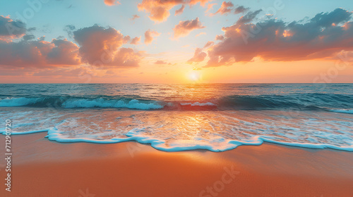 Beach sunset with sun reflection in sea water. Sunset over ocean in Goa. Closeup sea sand beach. Panoramic beach landscape. Inspire tropical beach sunset horizon  generative ai