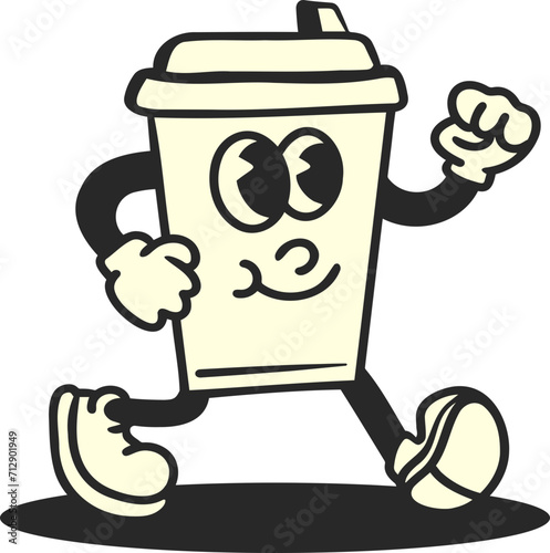 retro cartoon smile coffee cup character  walking  illustration