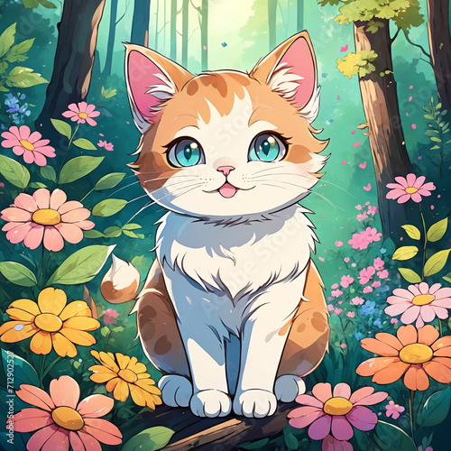 Cute anime cat is in a forest full of flowers. Cute  beautiful and adorable cat wallpapers