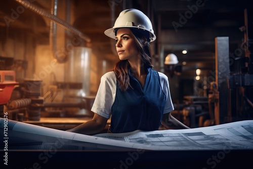 A woman engineer in a hard hat looks at the drawings on the background of construction