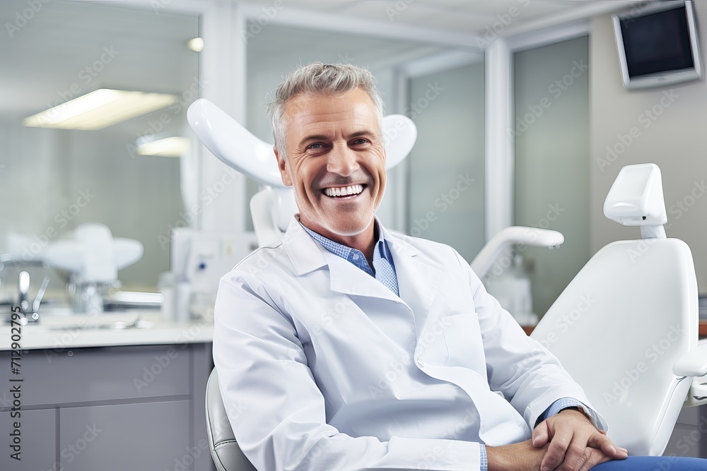 Dentist sitting in a dental office and smiling