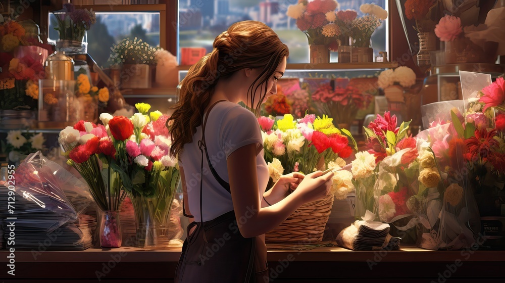 A florist girl collects a beautiful bouquet against a background of various flowers. - obrazy, fototapety, plakaty 