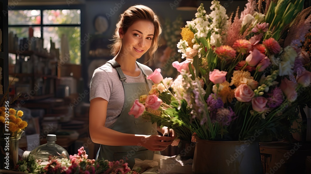 A florist girl collects a beautiful bouquet against a background of various flowers.