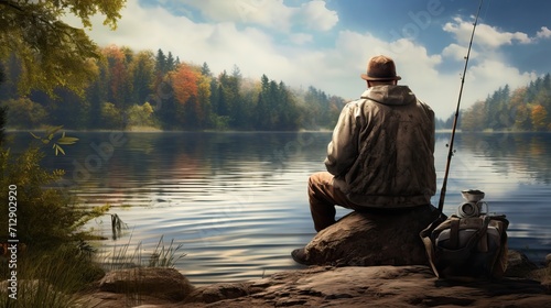 A fisherman sits on a lake/river with a fishing rod and fishes against the backdrop of a beautiful forest