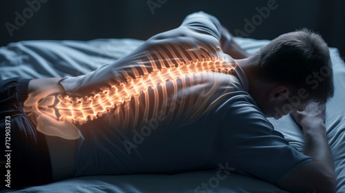 Man with glowing spine visualization lying on bed, depicting back pain or spinal issues photo
