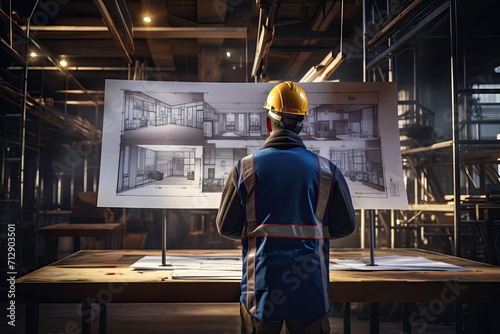 Male engineer in hard hat working on drawings during construction phase
