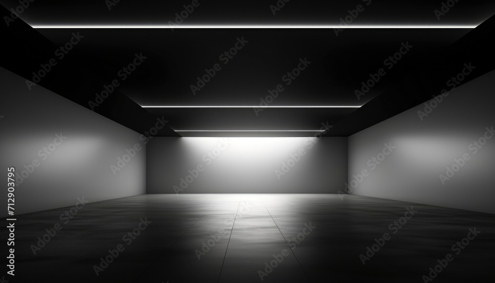 Black minimalist room with striking LED strip lights on ceiling Black minimalist room with striking LED strip lights on ceiling