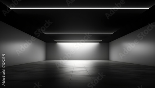 Black minimalist room with striking LED strip lights on ceiling