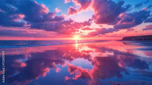 A breathtaking view of a vivid sunset with reflected clouds on damp sand during low tide Background