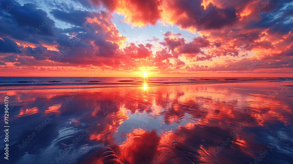 A breathtaking view of a vivid sunset with reflected clouds on damp sand during low tide Background