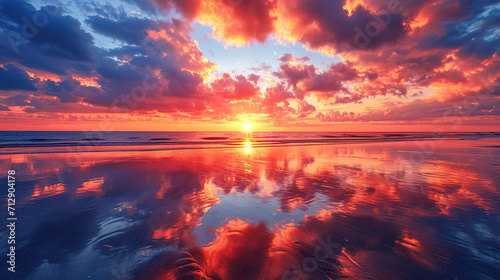 A breathtaking view of a vivid sunset with reflected clouds on damp sand during low tide Background © MKH_SAGAR