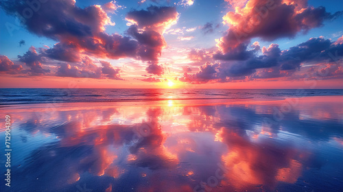 A breathtaking view of a vivid sunset with reflected clouds on damp sand during low tide Background © MKH_SAGAR