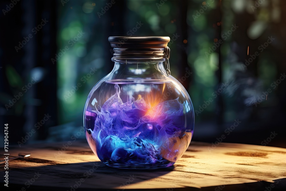 Jar of magical healing / mana potion in a glass jar on a dark background Jar of magical healing / mana potion in a glass jar on a dark background