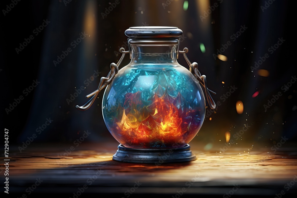 Jar of magical healing / mana potion in a glass jar on a dark background Jar of magical healing / mana potion in a glass jar on a dark background