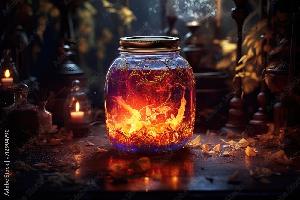 Jar of magical healing / mana potion in a glass jar on a dark background Jar of magical healing / mana potion in a glass jar on a dark background