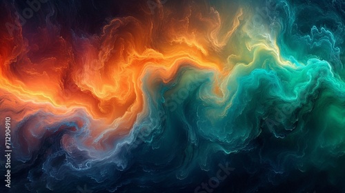 Vivid  flowing colors in emerald  sapphire  and orange blend in a dreamlike  surreal abstract without human features.