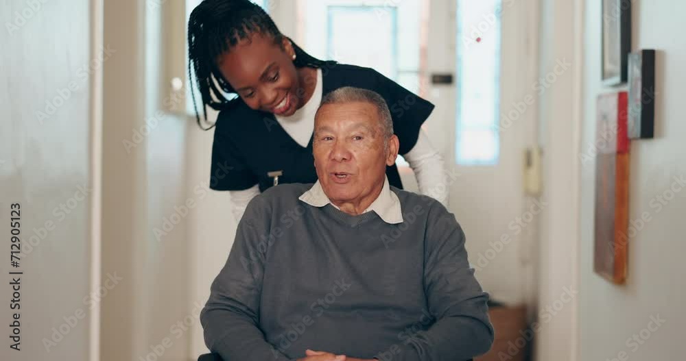 Nurse, old man and wheelchair care in home as person with a disability for support, physio or retirement. Black woman, career and retired elder in mobility chair for rehabilitation, recovery or help Nurse, old man and wheelchair care in home as person with a disability for support, physio or retirement. Black woman, career and retired elder in mobility chair for rehabilitation, recovery or help