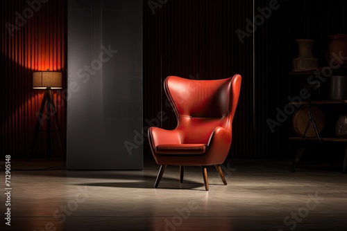 Stylish chair in the middle of the room with dim light and various objects in the background