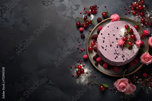 Beautiful berry-fruit cake with different fruits on a dark background
