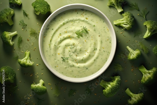 Appetizing creamy broccoli soup on a dark background, top view © Serhii