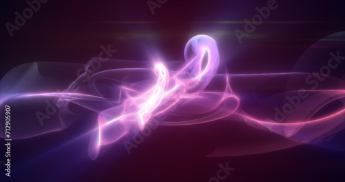 Abstract waves of purple energy magic smoke and glowing lines on a black background