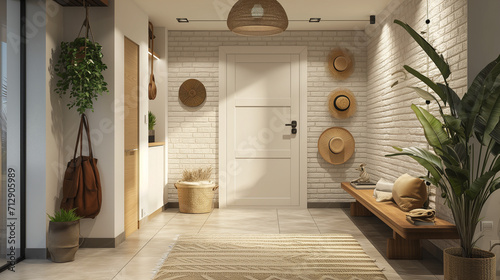  Boho style interior design of modern entrance hall with door