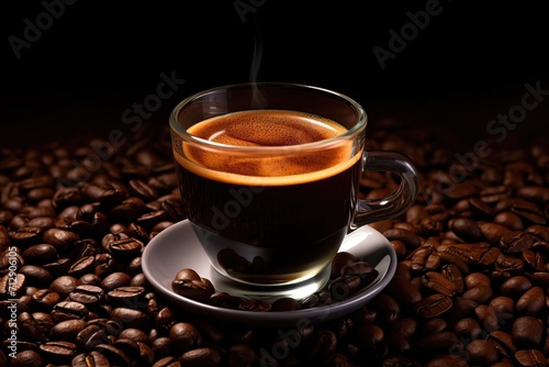 A cup of aromatic coffee on a background of coffee beans