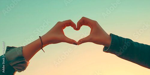 woman s and man s hands forming a heart shape against a sunrise sky.
