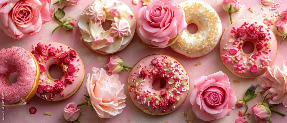 Fototapeta premium Donuts with pink frosting and flowers on a pink background. Generative AI.
