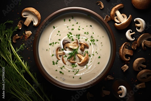 Fresh cooked mushroom cream soup in a beautiful plate on a dark background with fresh mushrooms photo