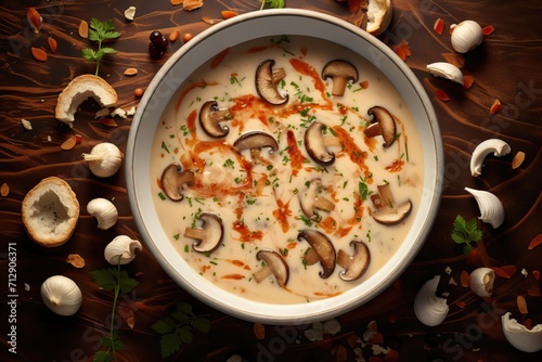 Fresh cooked mushroom cream soup in a beautiful plate on a dark background with fresh mushrooms