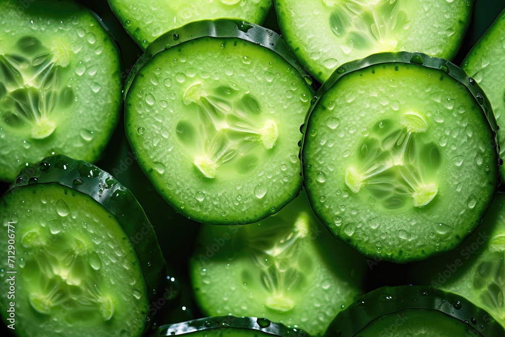 Fresh sliced cucumber slices in droplets of water, top view Fresh sliced cucumber slices in droplets of water, top view