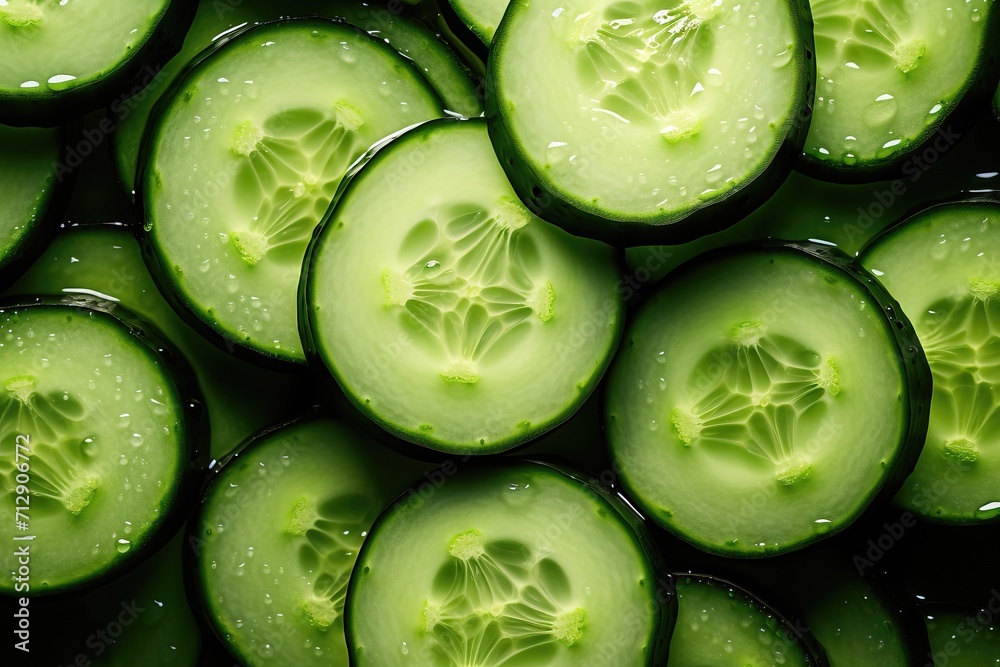 Fresh sliced ​​cucumber slices in droplets of water, top view
