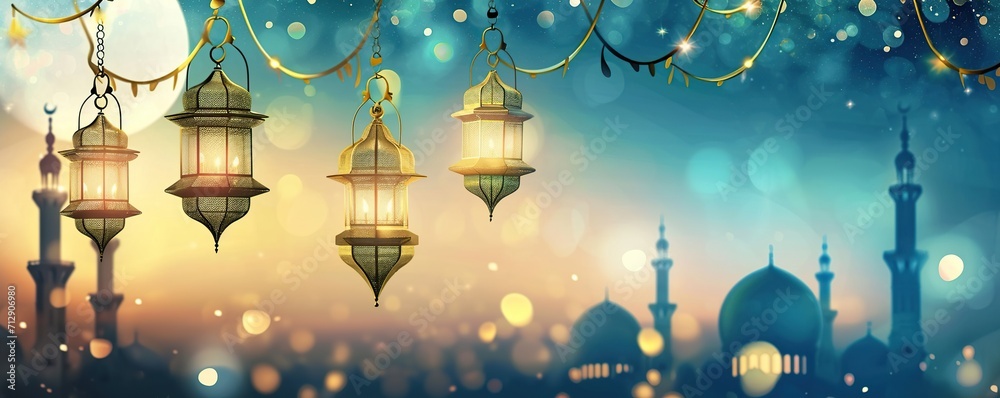 Ramadan Kareem background with mosque and moon. Vector illustration - obrazy, fototapety, plakaty 