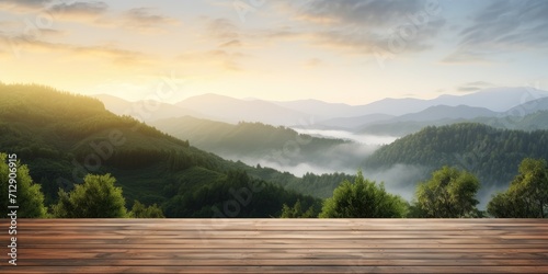 Rustic wooden terrace with serene morning nature landscape.