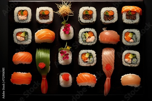 Fresh appetizing sushi and rolls beautifully laid out on a dark background, top view