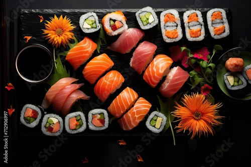 Fresh appetizing sushi and rolls beautifully laid out on a dark background, top view