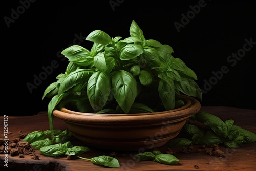 Fresh basil leaves in a plate on a dark background