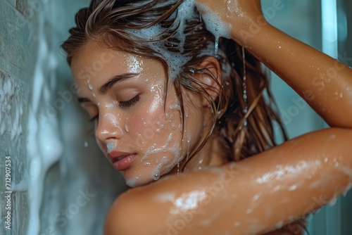 Beautiful young woman washing her hair with shampoo photo