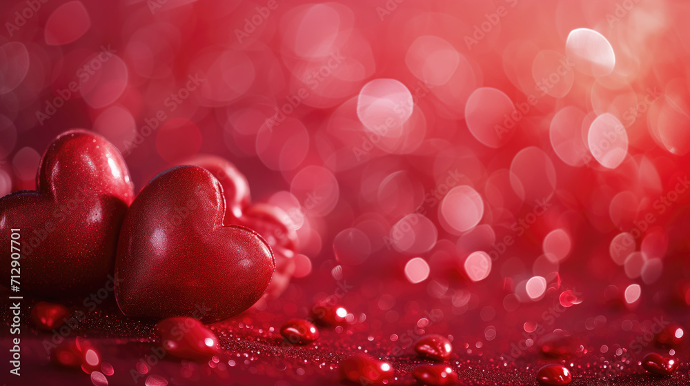 Sparkling red hearts against a vibrant red bokeh background, for love and valentine’s day celebrations.